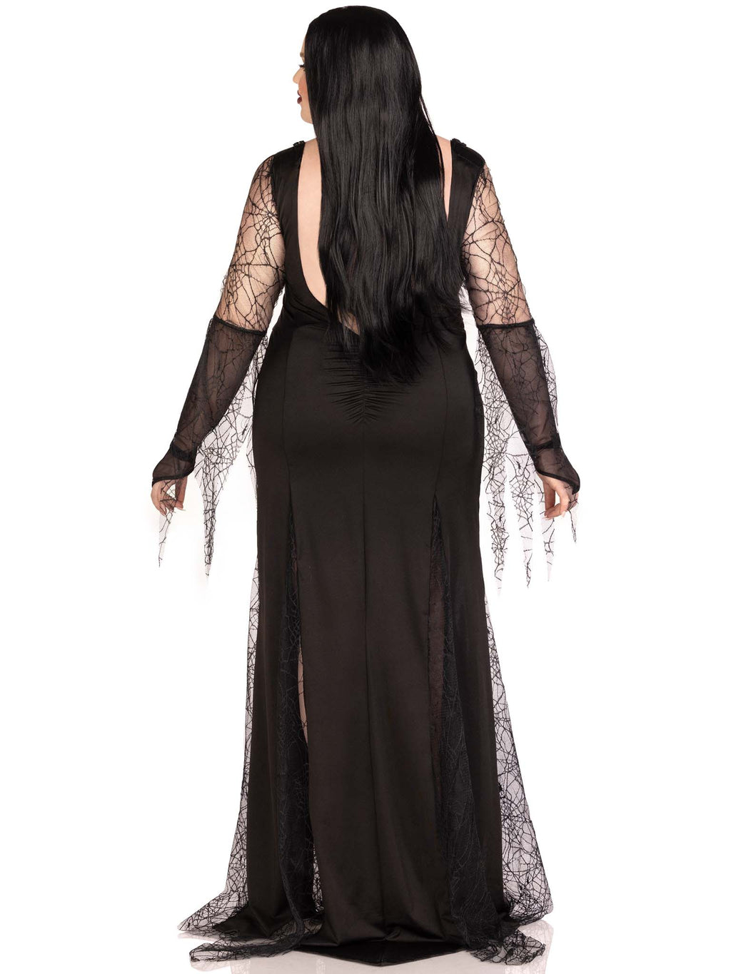 Plus Size 1 PC Spooky Beauty Costume, Includes Backless Deep-V Dress with Sequin Trim and Ruched Back, Spiderweb Gauntlet Sleeves, and High Slit Tentacle Skirt