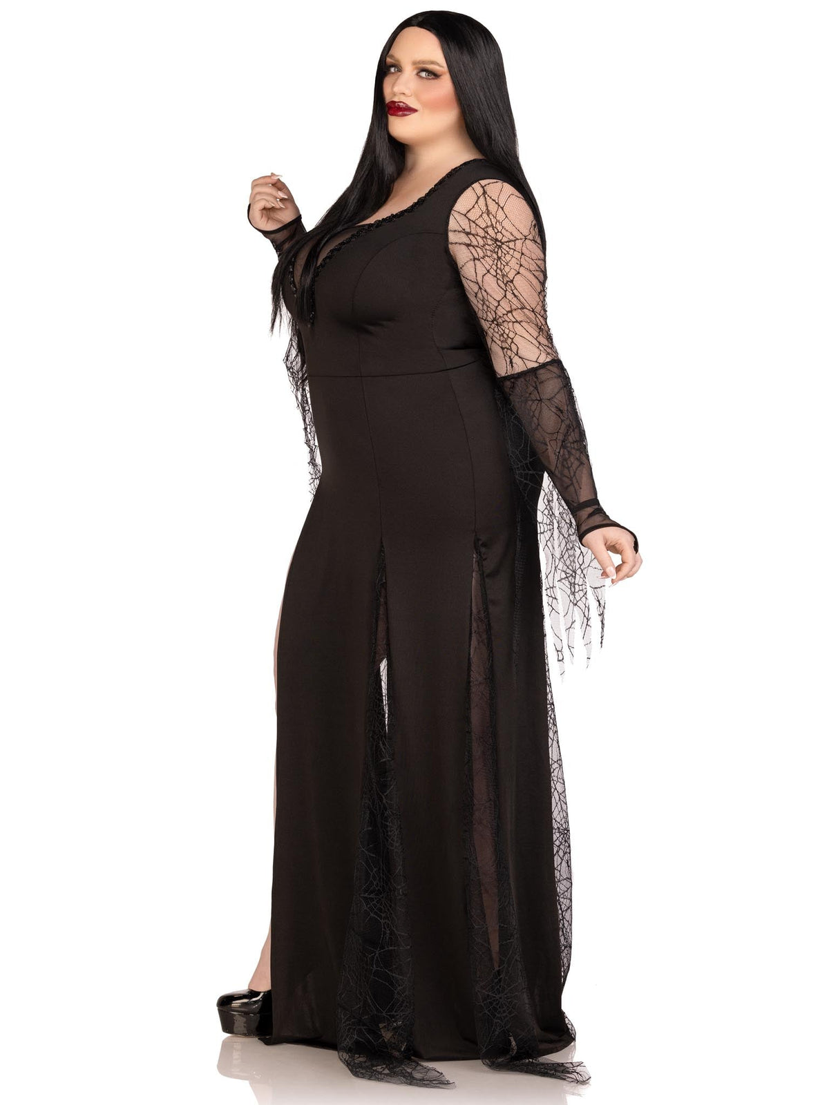 Plus Size 1 PC Spooky Beauty Costume, Includes Backless Deep-V Dress with Sequin Trim and Ruched Back, Spiderweb Gauntlet Sleeves, and High Slit Tentacle Skirt