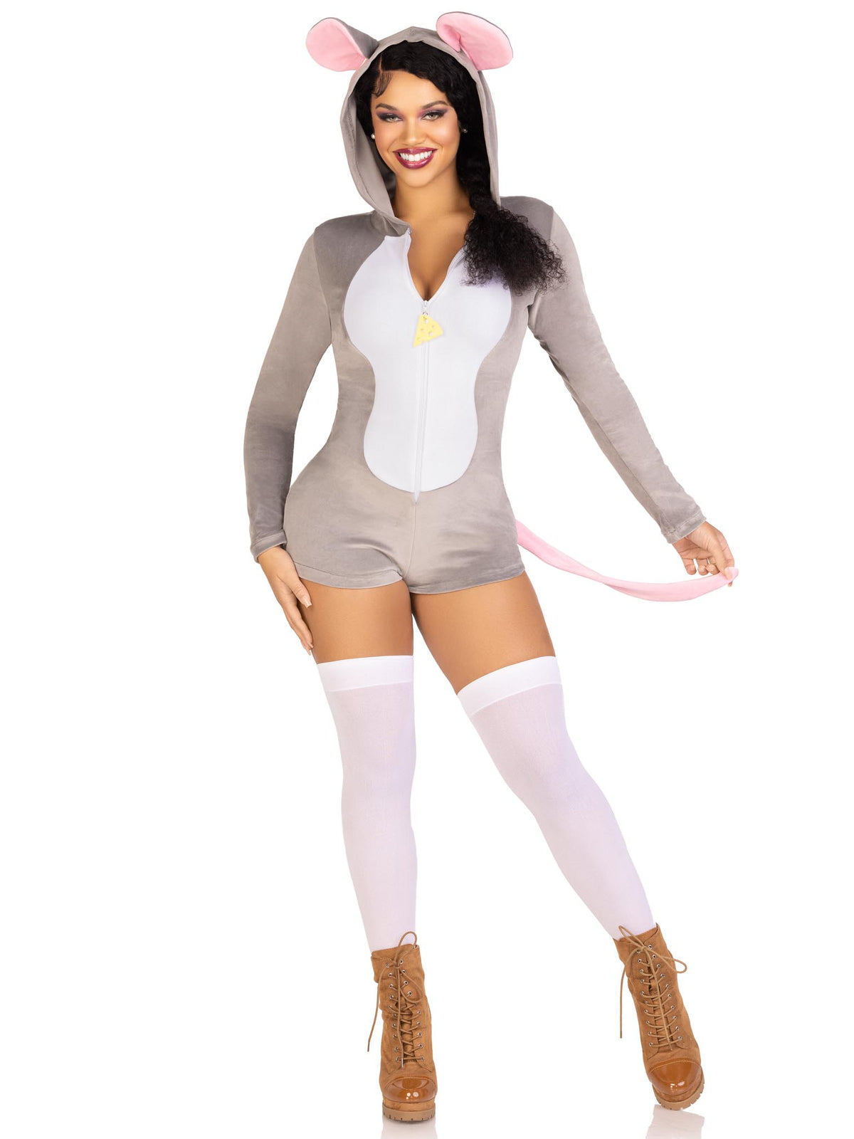 1 PC Comfy Mouse Costume, Includes Ultra-Soft Velvet Plush Zip Up Romper with Cheese Zipper Pull, Tail, And Ear Hood