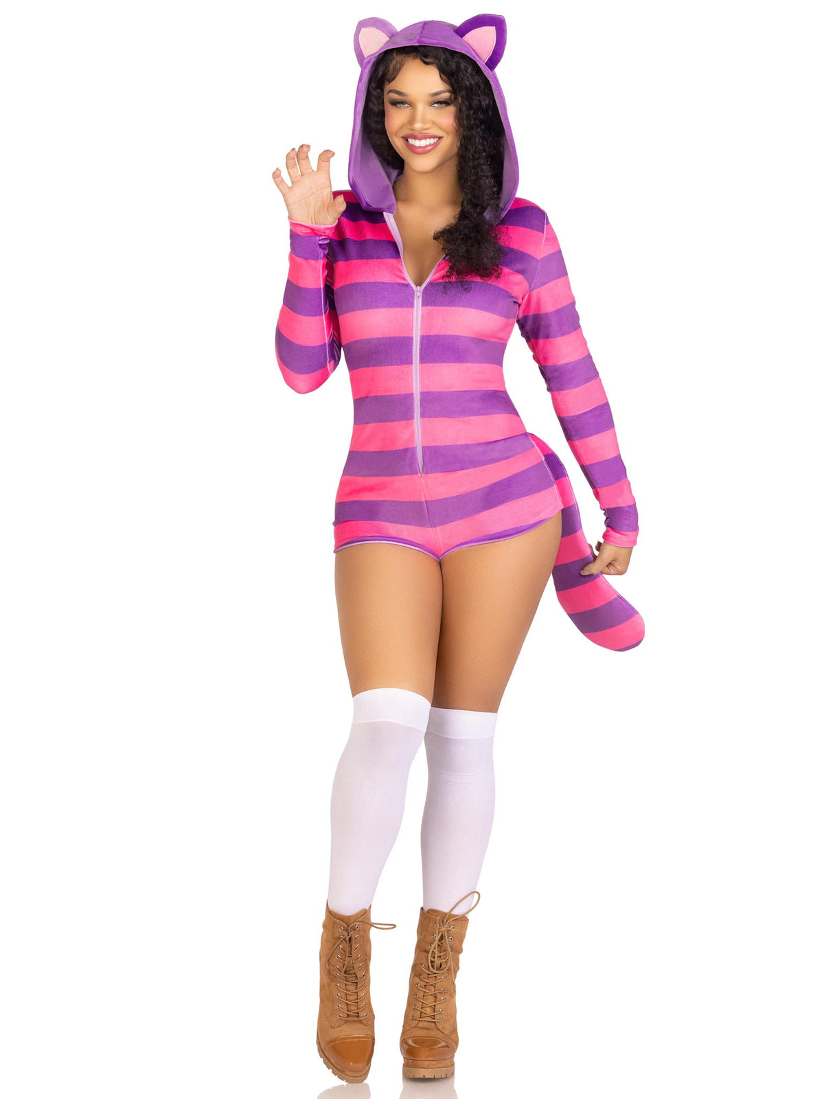 1 PC Comfy Cheshire Costume, Includes Ultra-Soft Velvet Plush Zip Up Romper with Tail and Ear Hood