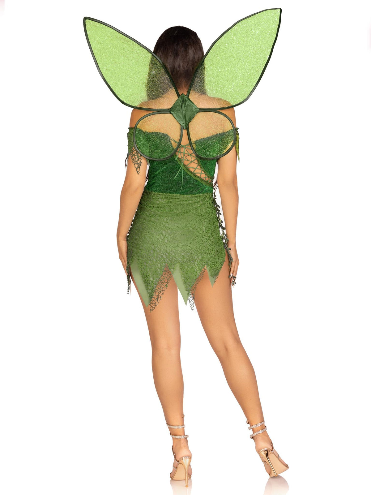 3 PC Forest Fairy Costume, Includes Patchwork Dress with Adjustable Lace Ups and Tattered Skirt, Leaf Accents, Detachable Clear Straps, and Shimmer Fairy Wings