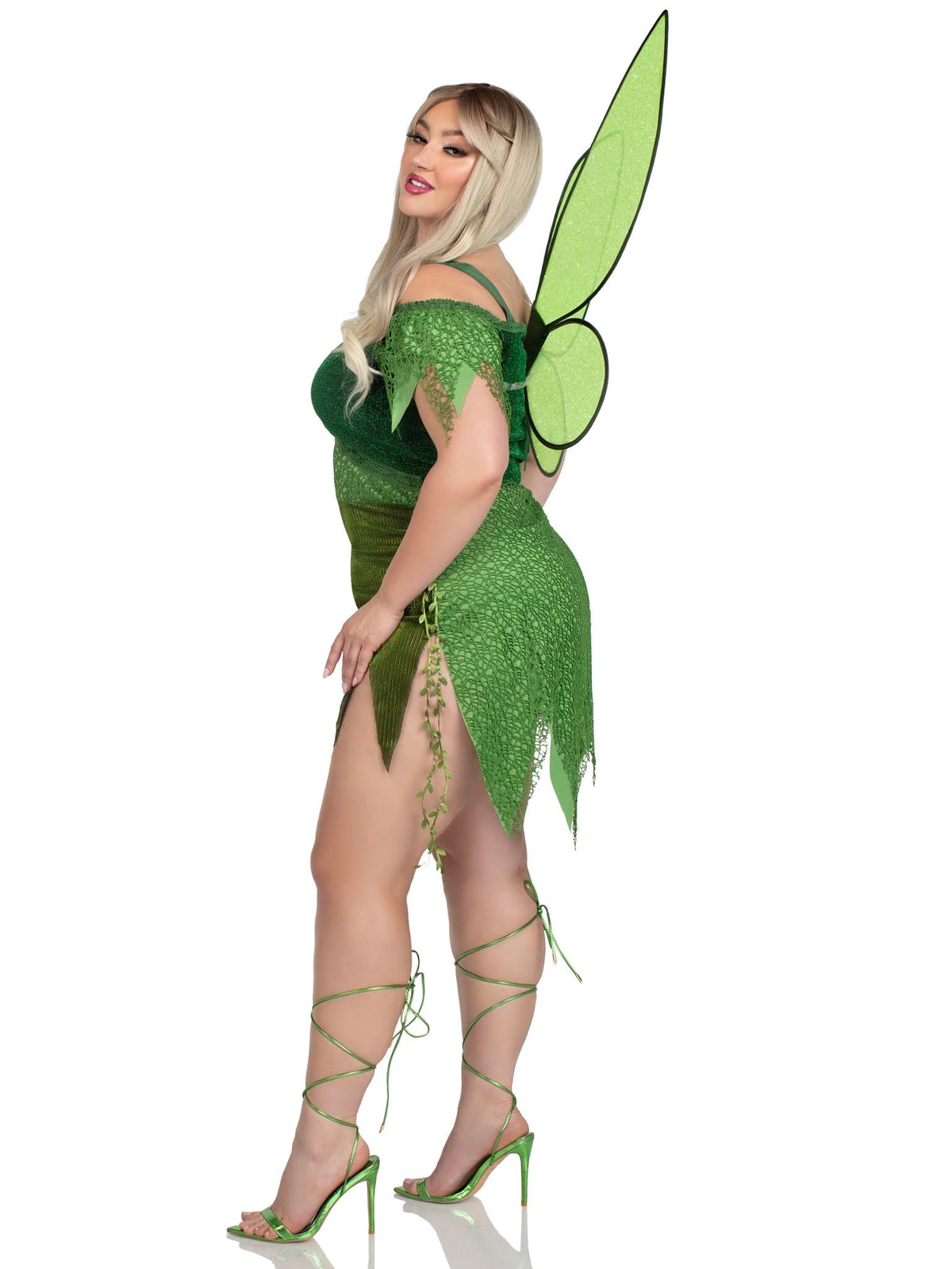 Plus Size 2 PC Forest Fairy Costume, Includes Patchwork Dress with Adjustable Lace Ups and Tattered Skirt, Leaf Accents, and Shimmer Fairy Wings