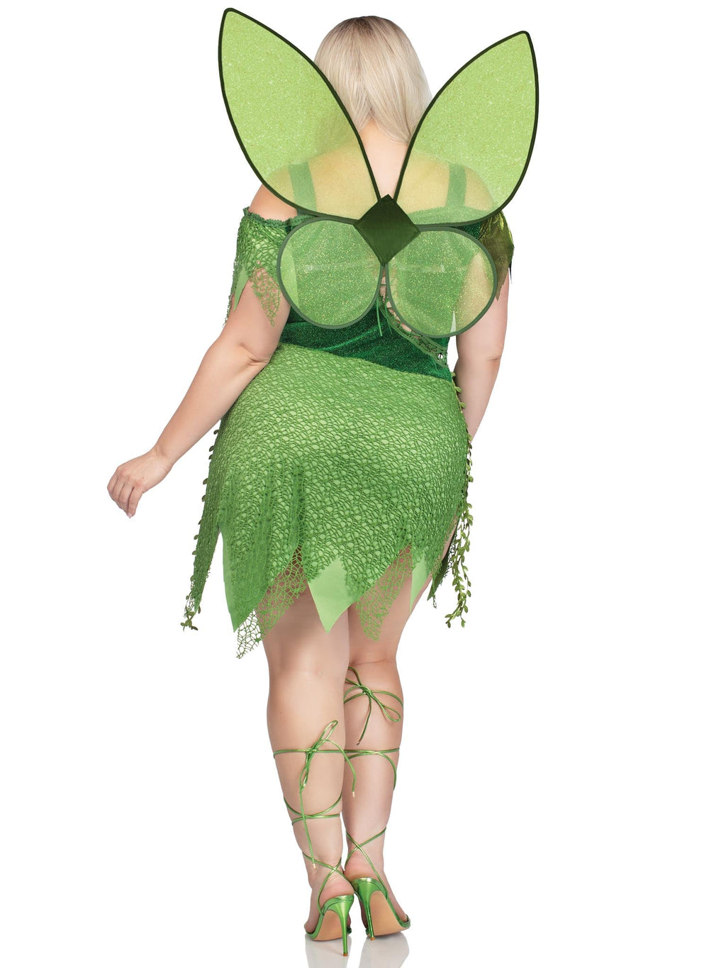 Plus Size 2 PC Forest Fairy Costume, Includes Patchwork Dress with Adjustable Lace Ups and Tattered Skirt, Leaf Accents, and Shimmer Fairy Wings