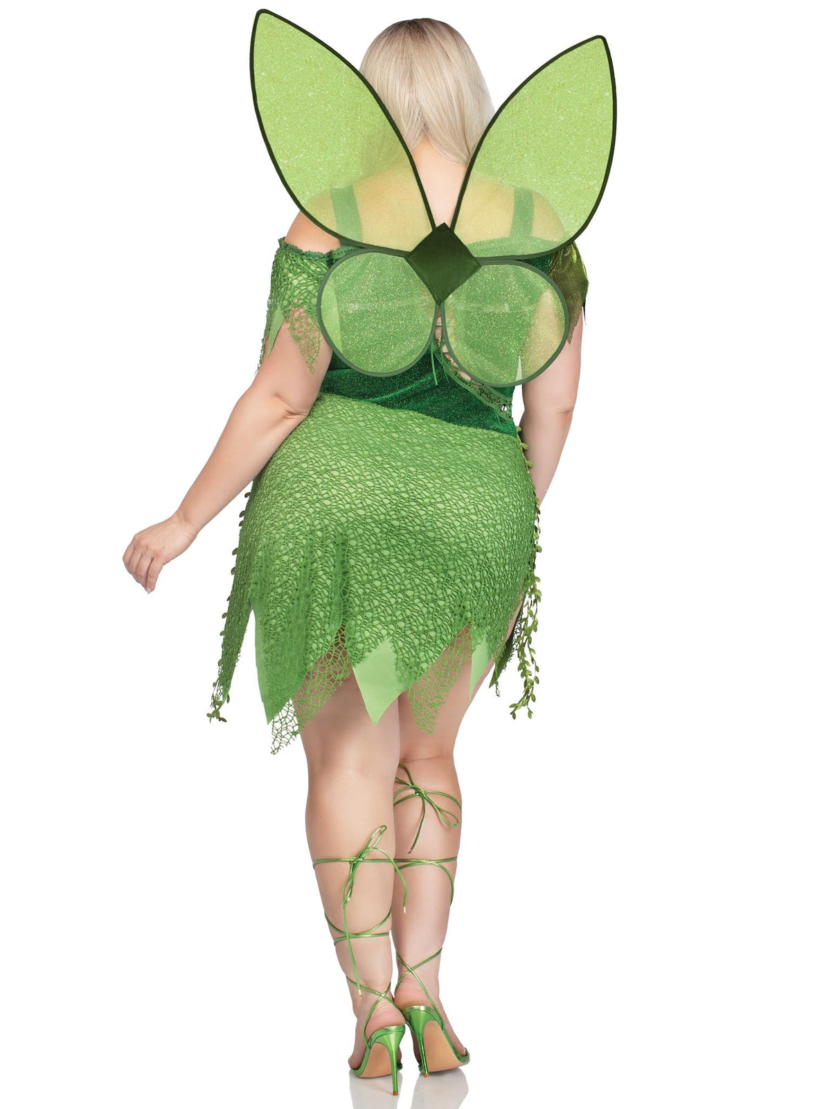 Plus Size 2 PC Forest Fairy Costume, Includes Patchwork Dress with Adjustable Lace Ups and Tattered Skirt, Leaf Accents, and Shimmer Fairy Wings