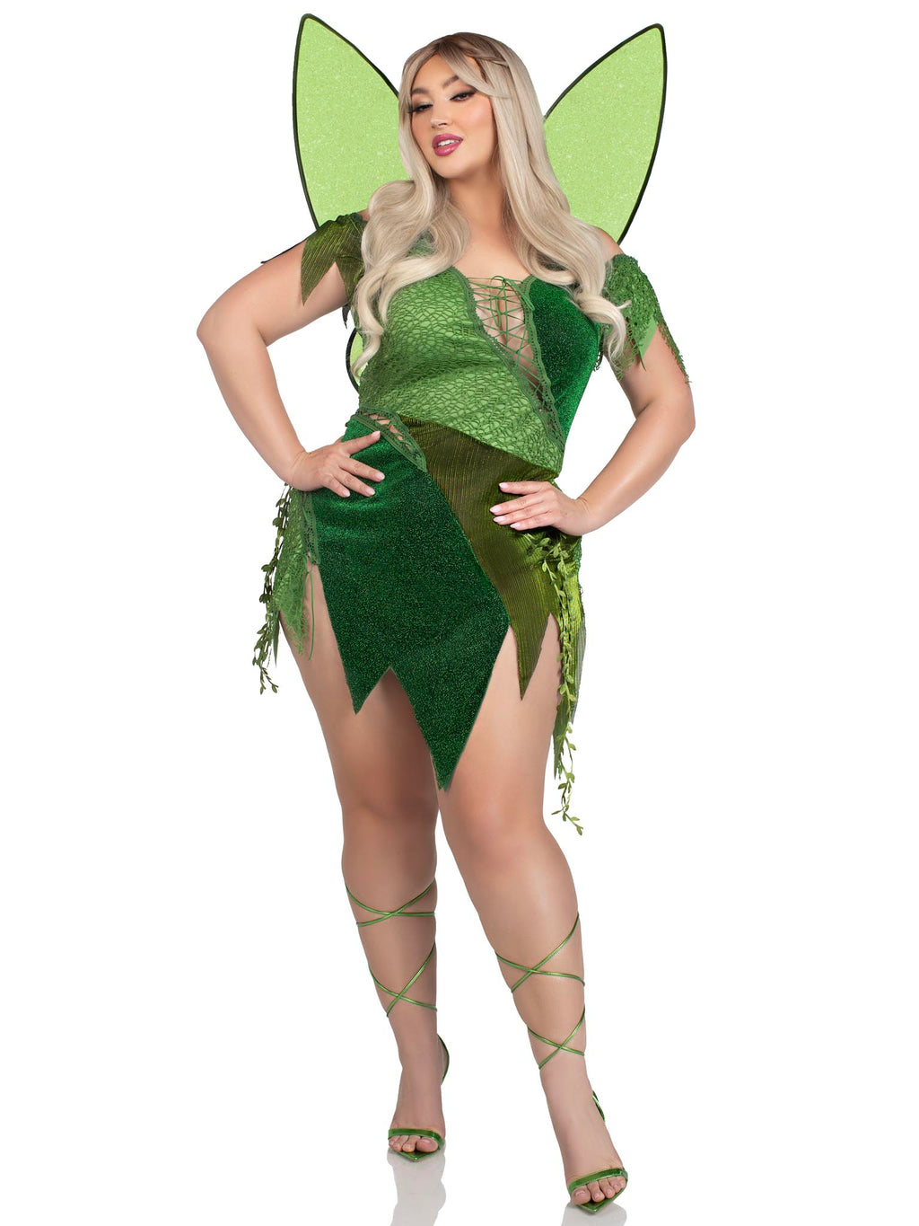 Plus Size 2 PC Forest Fairy Costume, Includes Patchwork Dress with Adjustable Lace Ups and Tattered Skirt, Leaf Accents, and Shimmer Fairy Wings