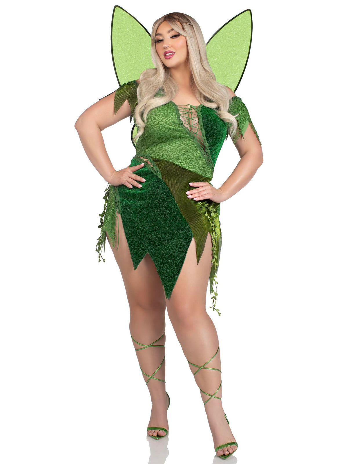 Plus Size 2 PC Forest Fairy Costume, Includes Patchwork Dress with Adjustable Lace Ups and Tattered Skirt, Leaf Accents, and Shimmer Fairy Wings