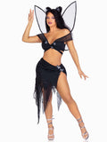 4 PC Dark Fairy Costume, Includes Wrap Around Crop Top with Butterfly Accents, Asymmetrical Skirt with Distressed Net Overlay, Butterfly Hair Clips, and Shimmer Fairy Wings