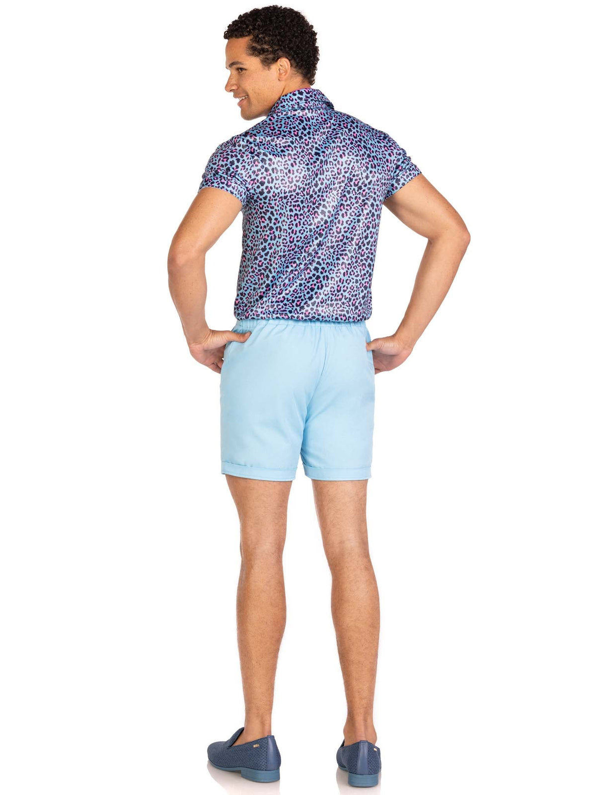 Men's 3 PC Mr Malibu Costume, Includes Button Up Leopard Print Shirt, Elastic Waist Shorts with Pockets, and Neck Scarf