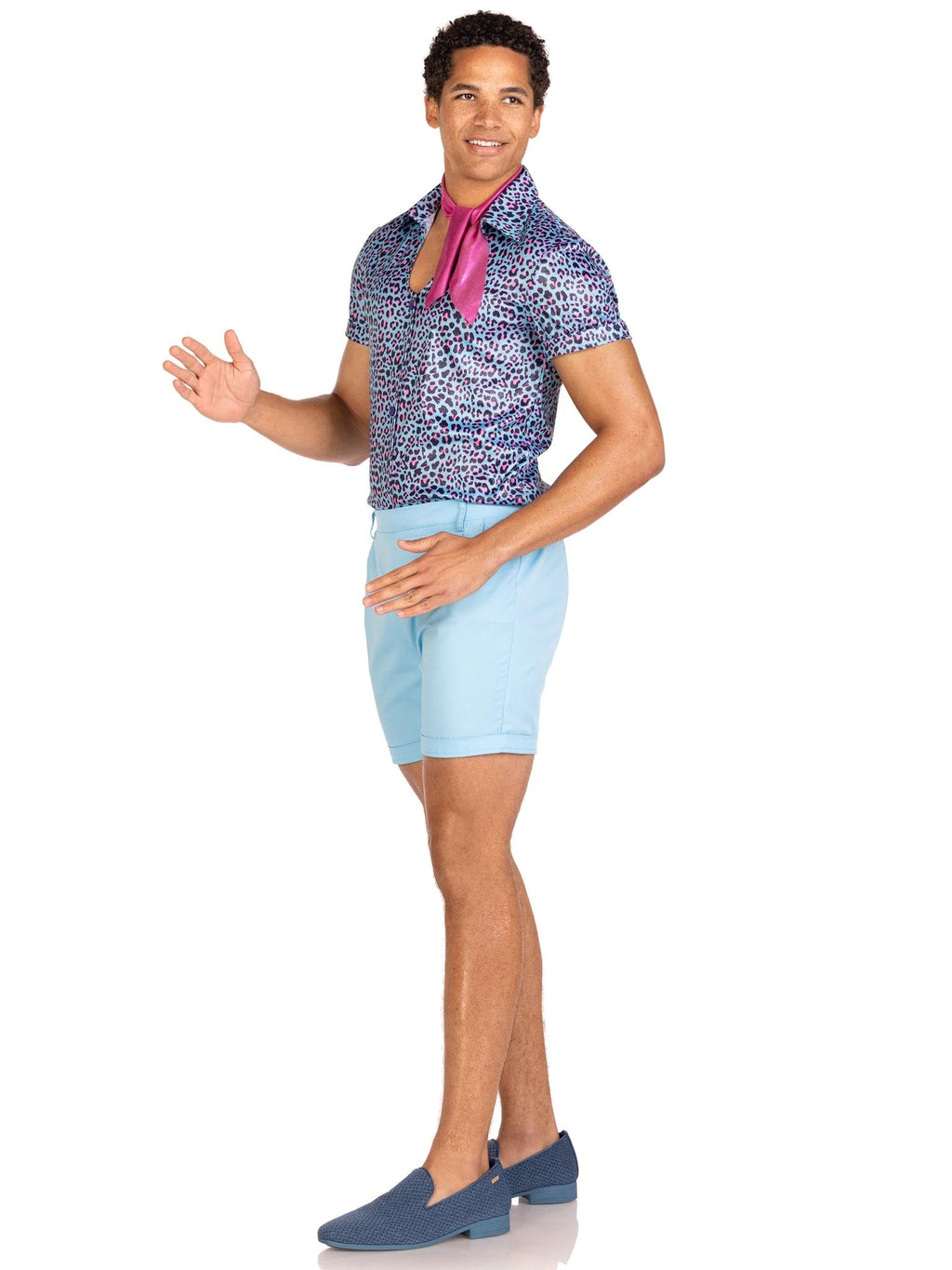 Men's 3 PC Mr Malibu Costume, Includes Button Up Leopard Print Shirt, Elastic Waist Shorts with Pockets, and Neck Scarf