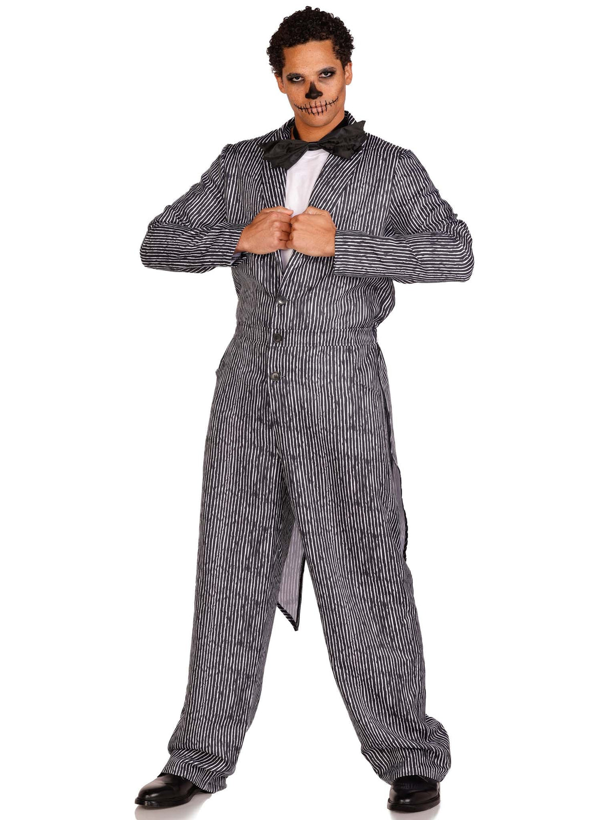 Men's 2 PC Pinstriped Tux Costume, Includes One-Piece Button Front Jumpsuit and Bow Tie