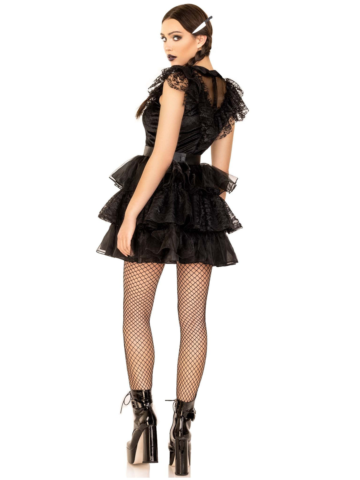 3 PC Raving Rebel Costume, Includes Velvet and Lace Dress with Organza Tiered Skirt, Belt, and Knife Hair Clip