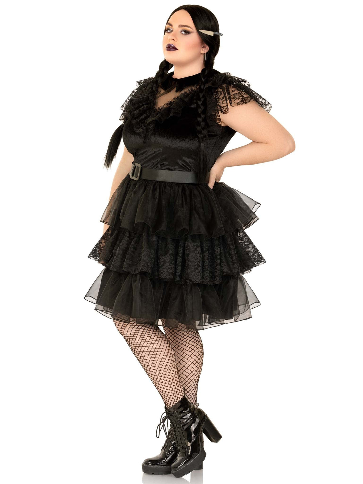 Plus Size 3 PC Raving Rebel Costume, Includes Velvet and Lace Dress with Organza Tiered Skirt, Belt, and Knife Hair Clip