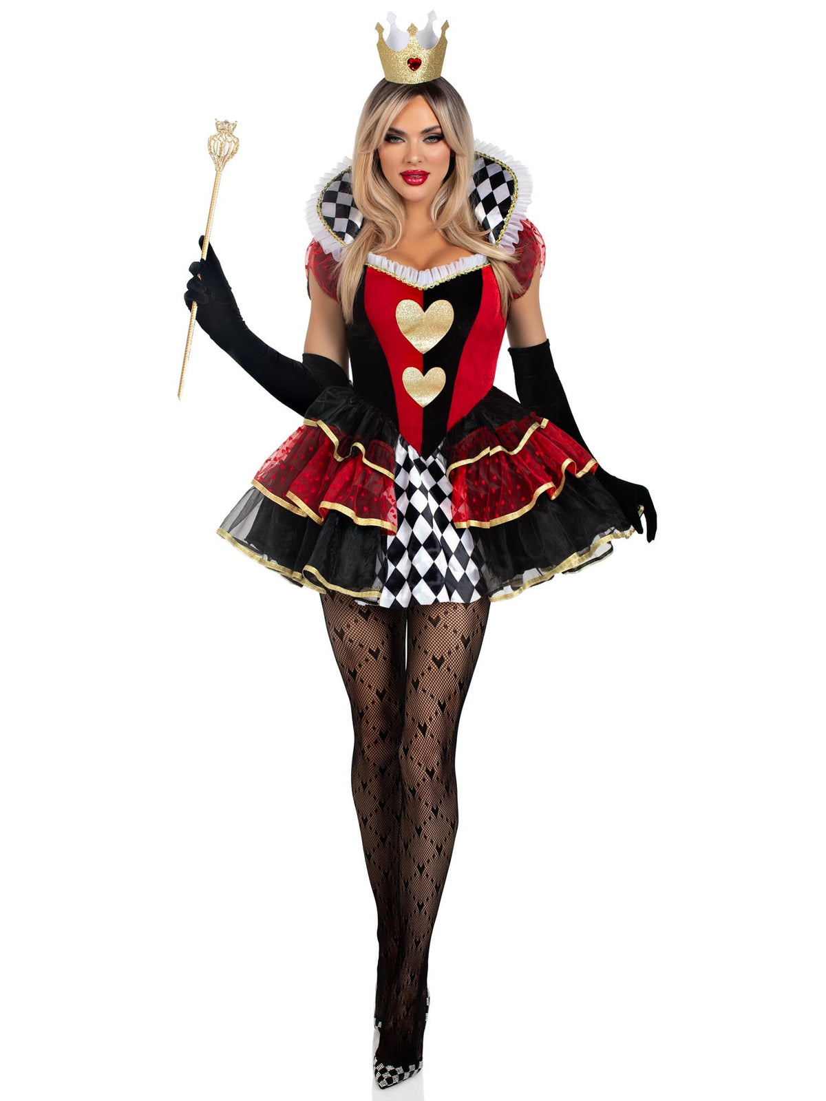 2 PC Queen of Hearts Costume, Includes Tiered Dress with Stay Up Collar, Built-In Petticoat, and Crown
