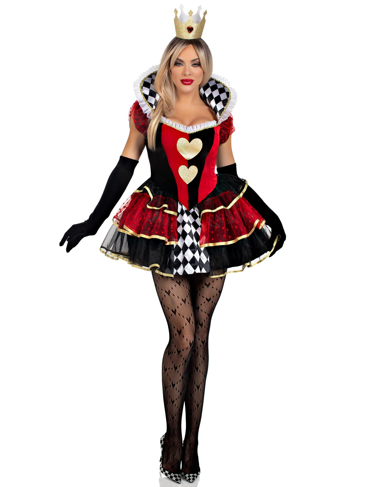 2 PC Queen of Hearts Costume, Includes Tiered Dress with Stay Up Collar, Built-In Petticoat, and Crown