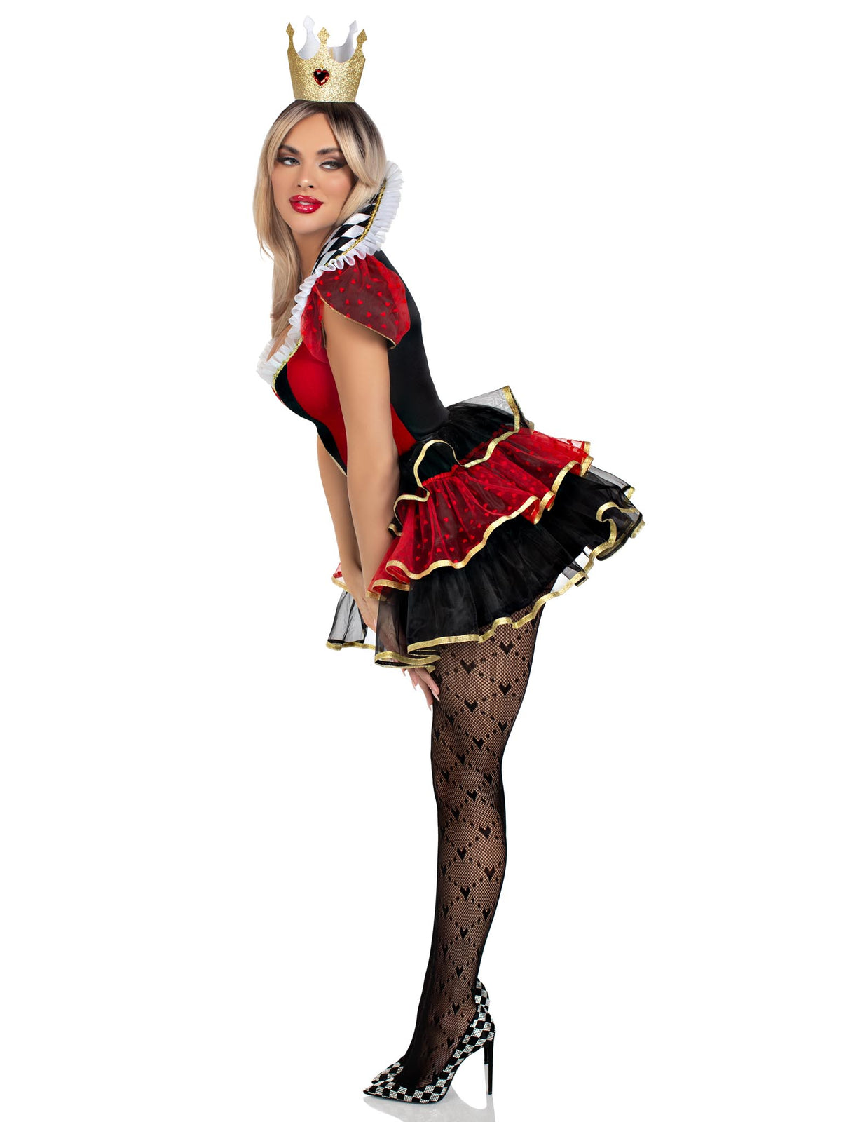 2 PC Queen of Hearts Costume, Includes Tiered Dress with Stay Up Collar, Built-In Petticoat, and Crown