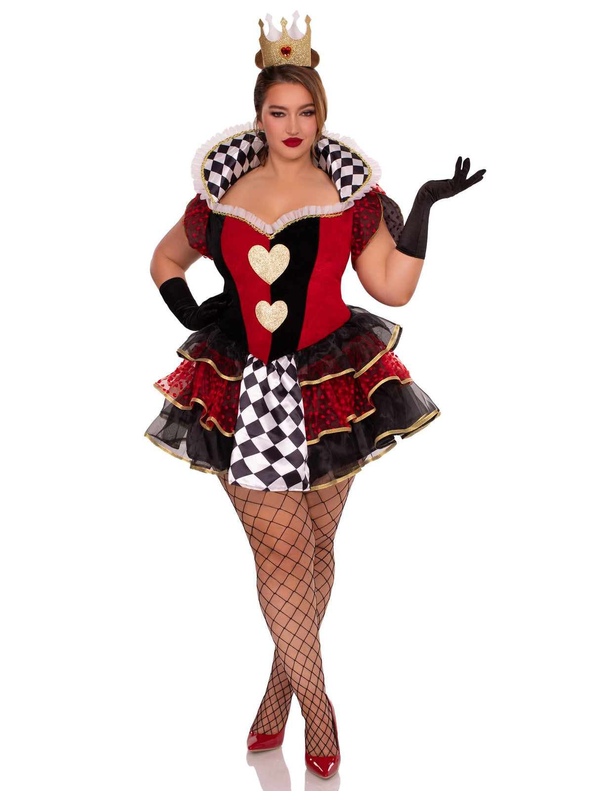 Plus Size 2 PC Queen of Hearts Costume, Includes Tiered Dress with Stay-Up Collar, Built-In Petticoat, and Crown