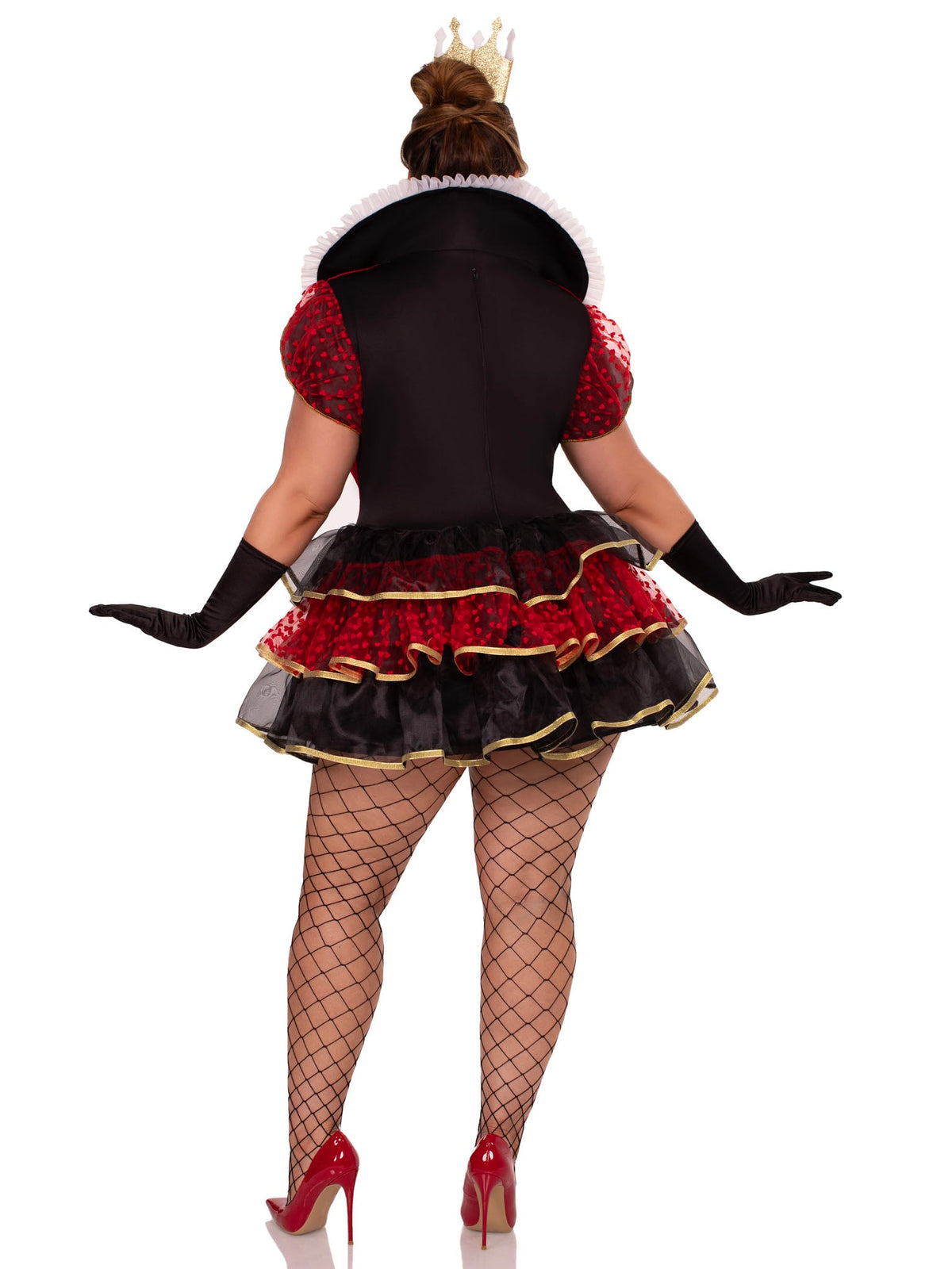 Plus Size 2 PC Queen of Hearts Costume, Includes Tiered Dress with Stay-Up Collar, Built-In Petticoat, and Crown