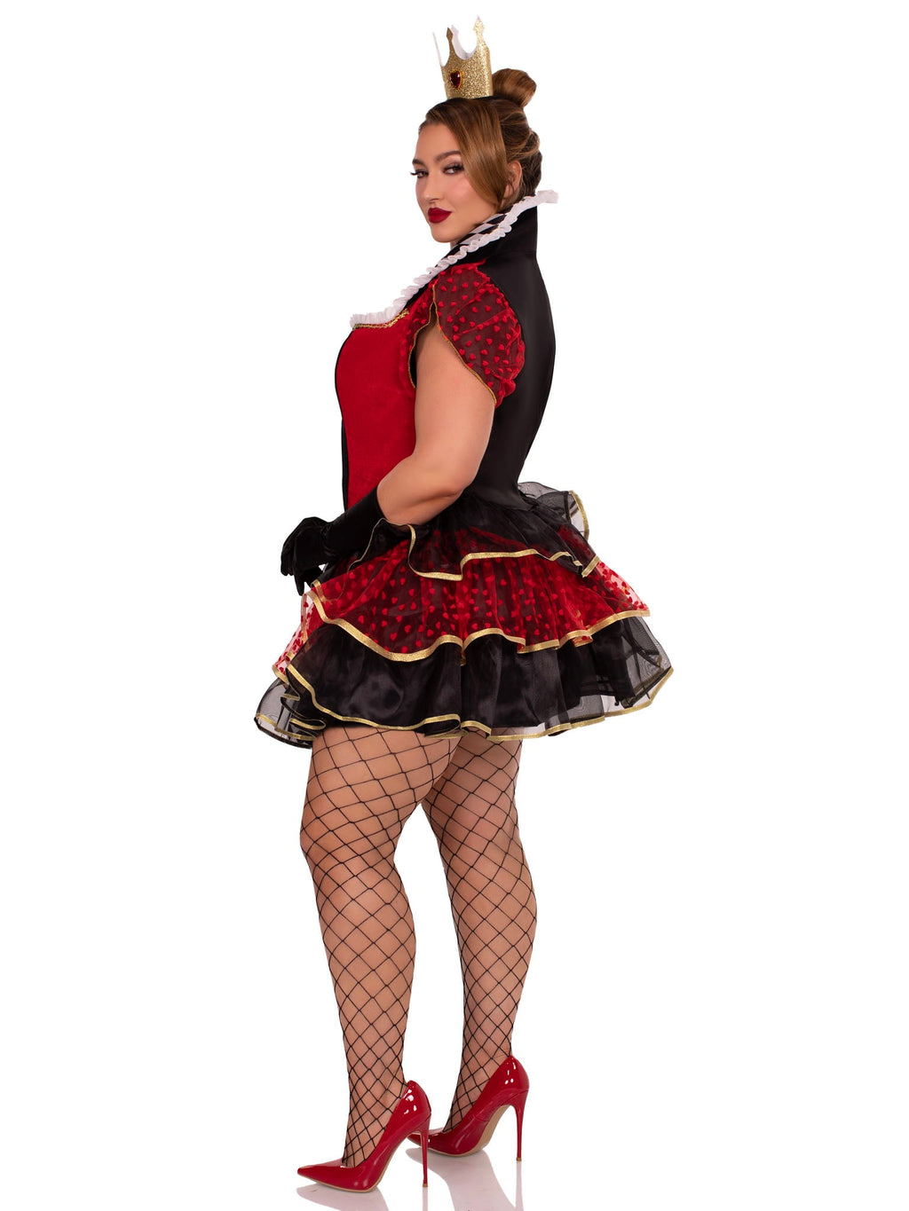 Plus Size 2 PC Queen of Hearts Costume, Includes Tiered Dress with Stay-Up Collar, Built-In Petticoat, and Crown