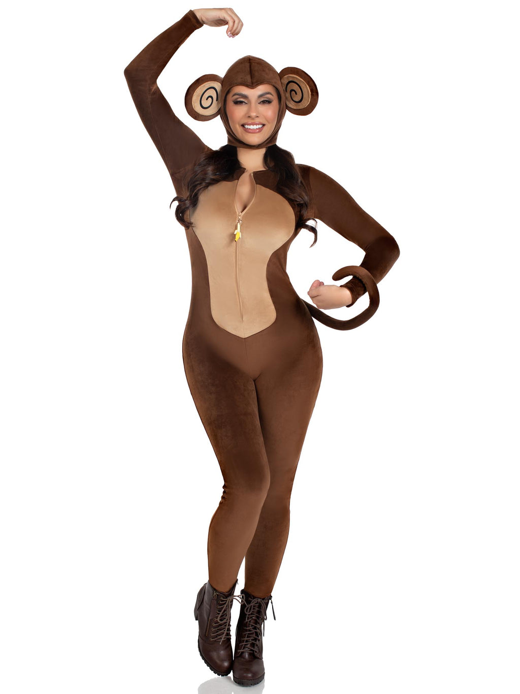 2 PC Cheeky Monkey Costume, Includes Ultra-Soft Velvet Plush Catsuit with Banana Zipper Pull and Cheeky Monkey Butt, Wired Tail, and Ear Bonnet