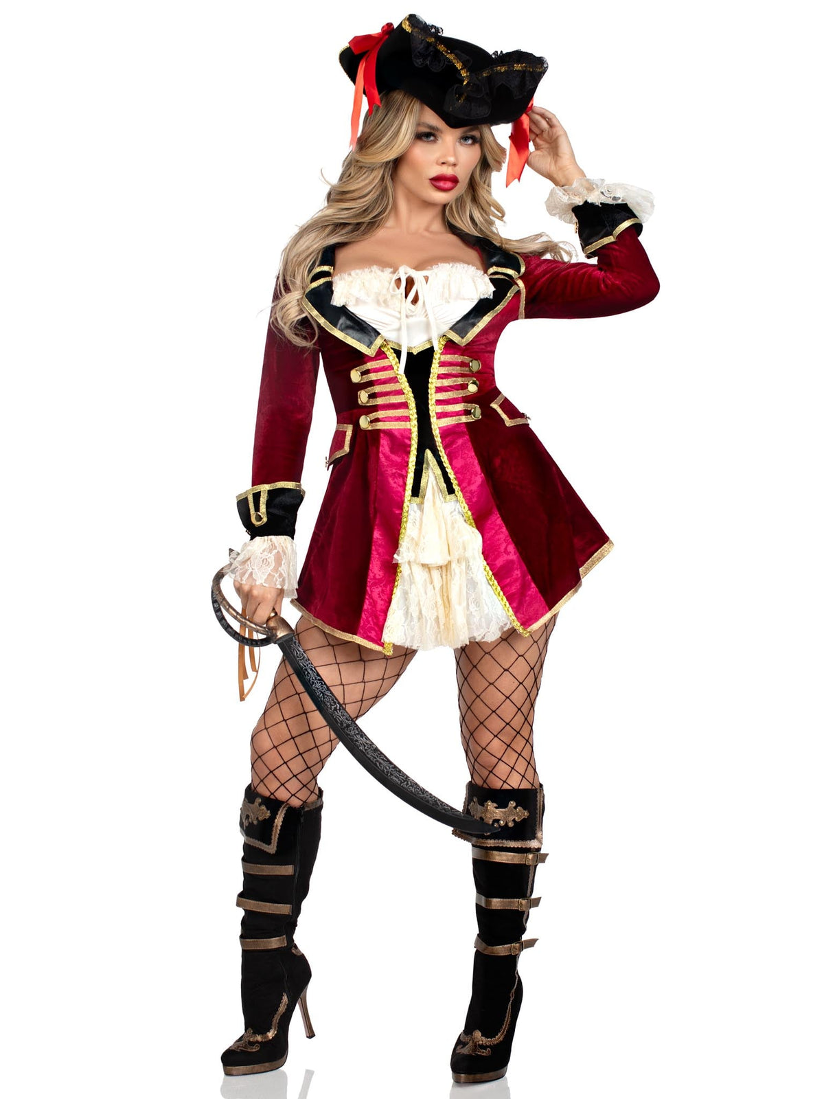 1 PC Captivating Pirate Captain Costume, Includes a Velvet Coat Dress with Tie-Front Peasant Bodice and Lace Ruffle Accents
