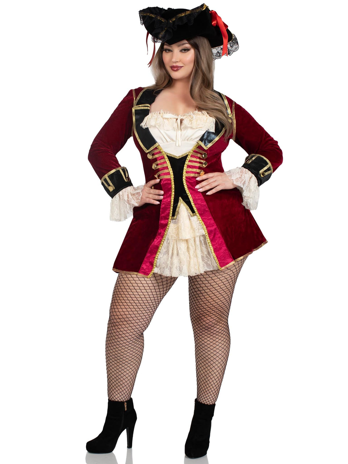 Plus Size 1 PC Captivating Pirate Captain Costume, Includes a Velvet Coat Dress with Tie-Front Peasant Bodice and Lace Ruffle Accents