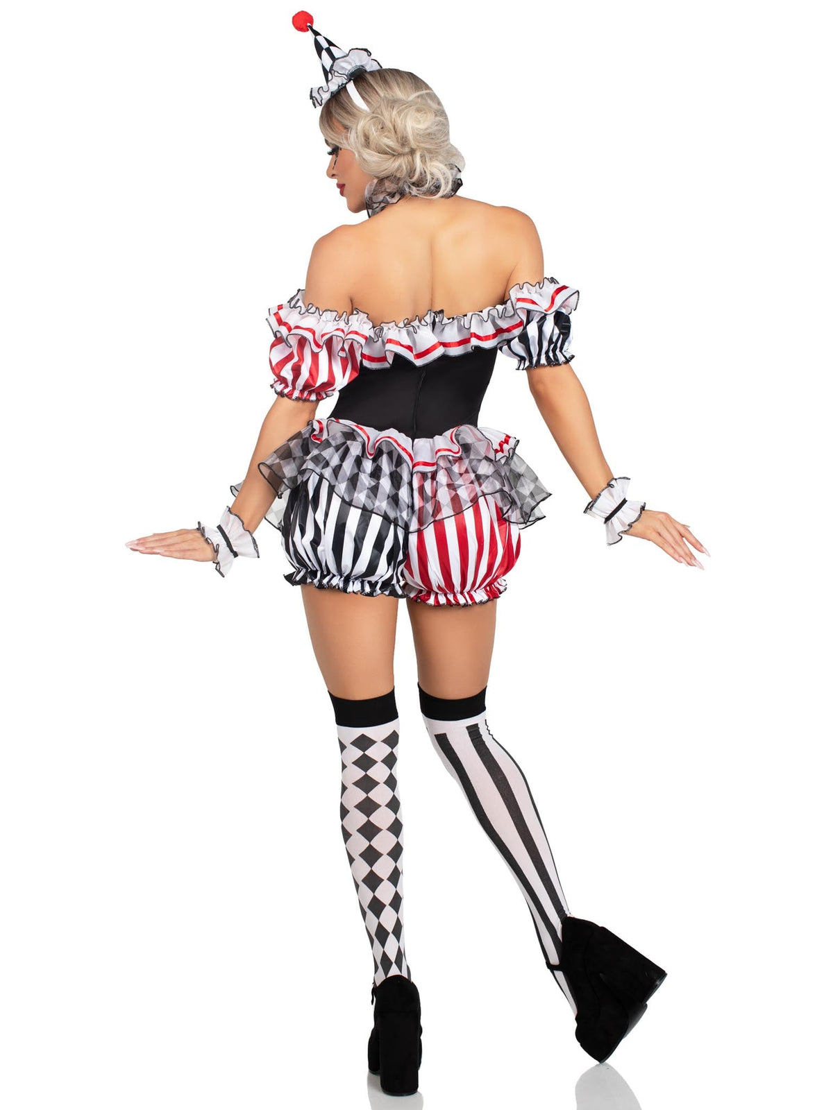 4 PC Darling Harlequin Costume, Includes Ruffle Trimmed Bloomer Romper with Pom-Pom Accents, Wrist Ruffles, Neck Ruffle, and Hat Headband