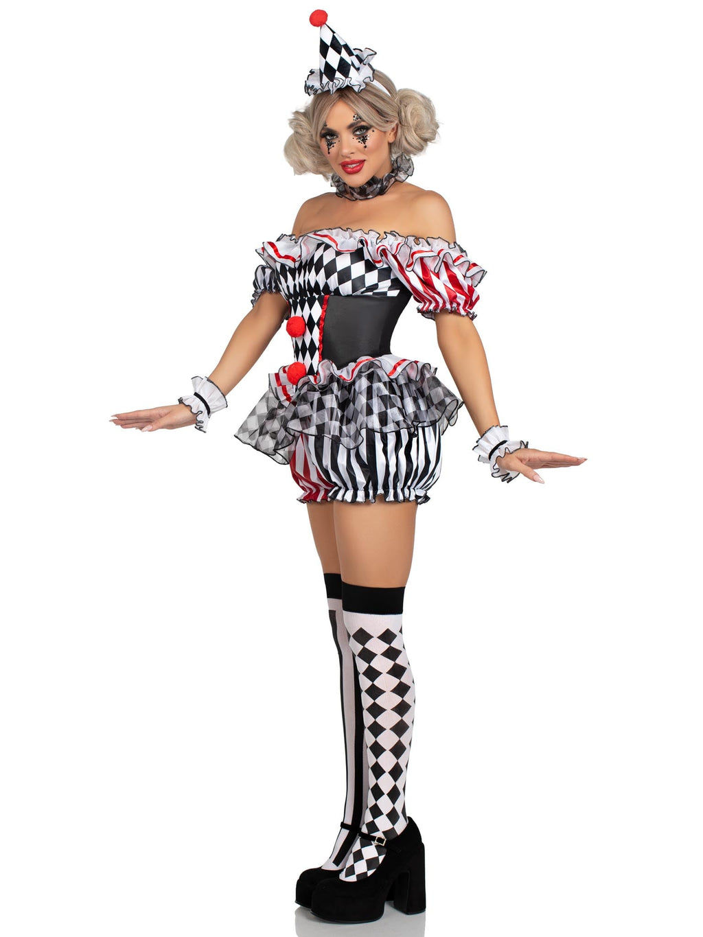 4 PC Darling Harlequin Costume, Includes Ruffle Trimmed Bloomer Romper with Pom-Pom Accents, Wrist Ruffles, Neck Ruffle, and Hat Headband