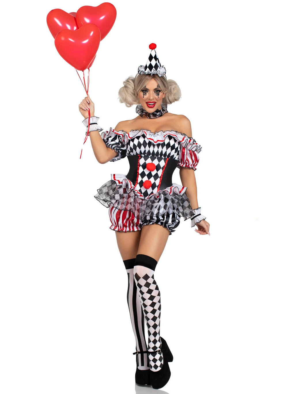 4 PC Darling Harlequin Costume, Includes Ruffle Trimmed Bloomer Romper with Pom-Pom Accents, Wrist Ruffles, Neck Ruffle, and Hat Headband