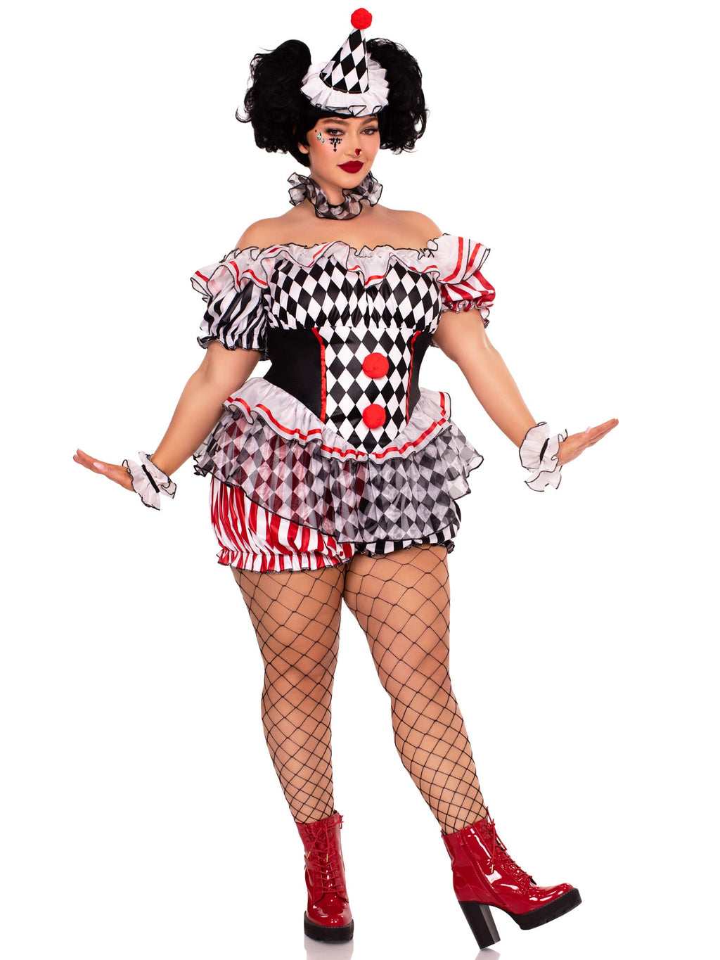Plus Size 4 PC Darling Harlequin Costume, Includes Ruffle Trimmed Bloomer Romper with Pom-Pom Accents, Wrist Ruffles, Neck Ruffle, and Hat Headband