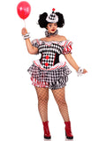 Plus Size 4 PC Darling Harlequin Costume, Includes Ruffle Trimmed Bloomer Romper with Pom-Pom Accents, Wrist Ruffles, Neck Ruffle, and Hat Headband