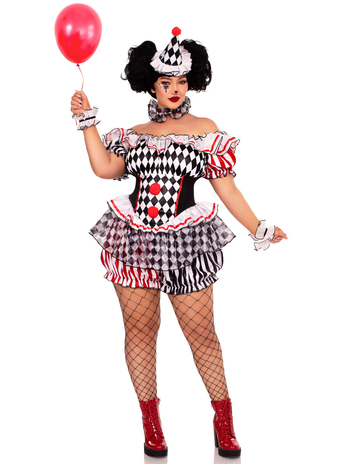 Plus Size 4 PC Darling Harlequin Costume, Includes Ruffle Trimmed Bloomer Romper with Pom-Pom Accents, Wrist Ruffles, Neck Ruffle, and Hat Headband
