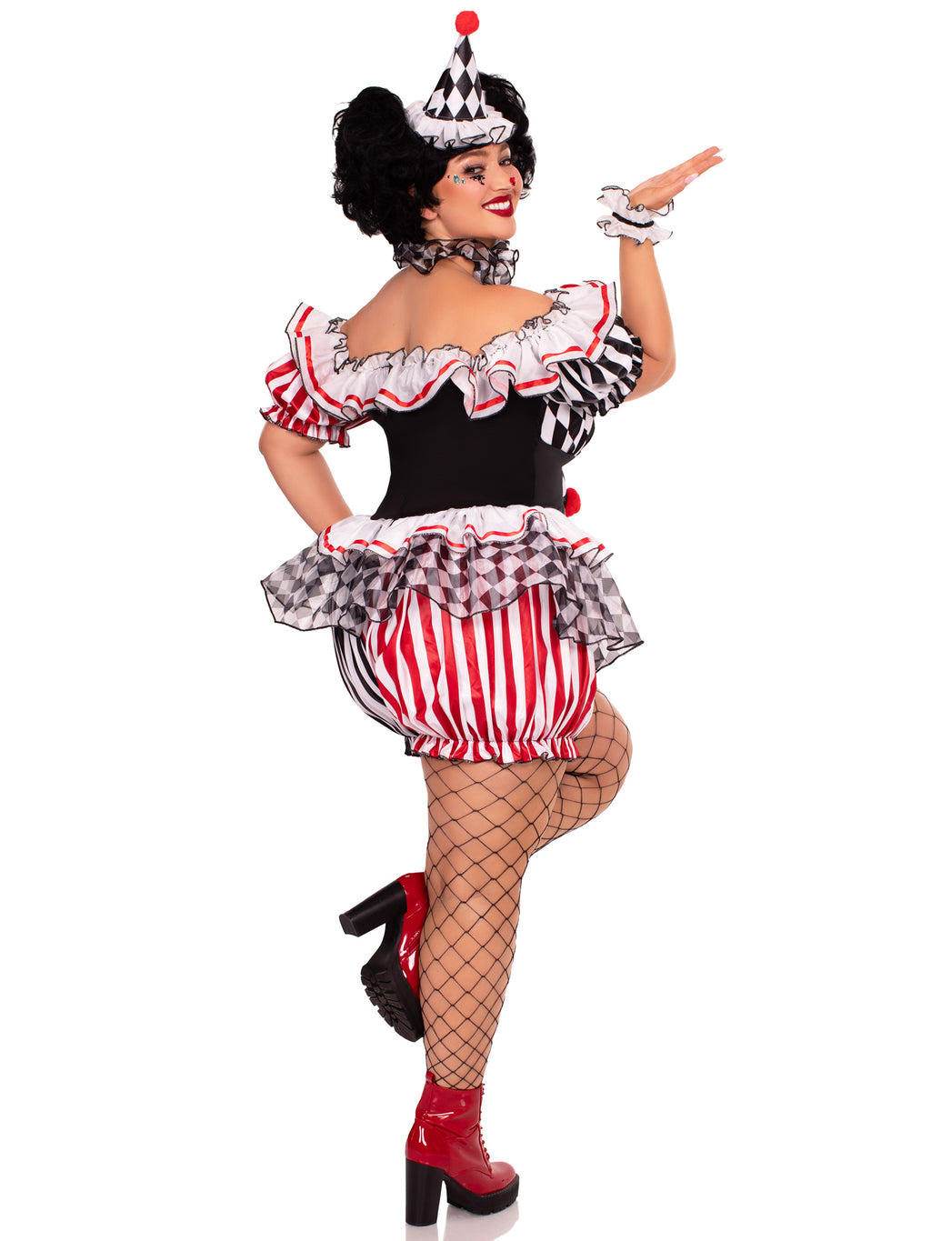 Plus Size 4 PC Darling Harlequin Costume, Includes Ruffle Trimmed Bloomer Romper with Pom-Pom Accents, Wrist Ruffles, Neck Ruffle, and Hat Headband