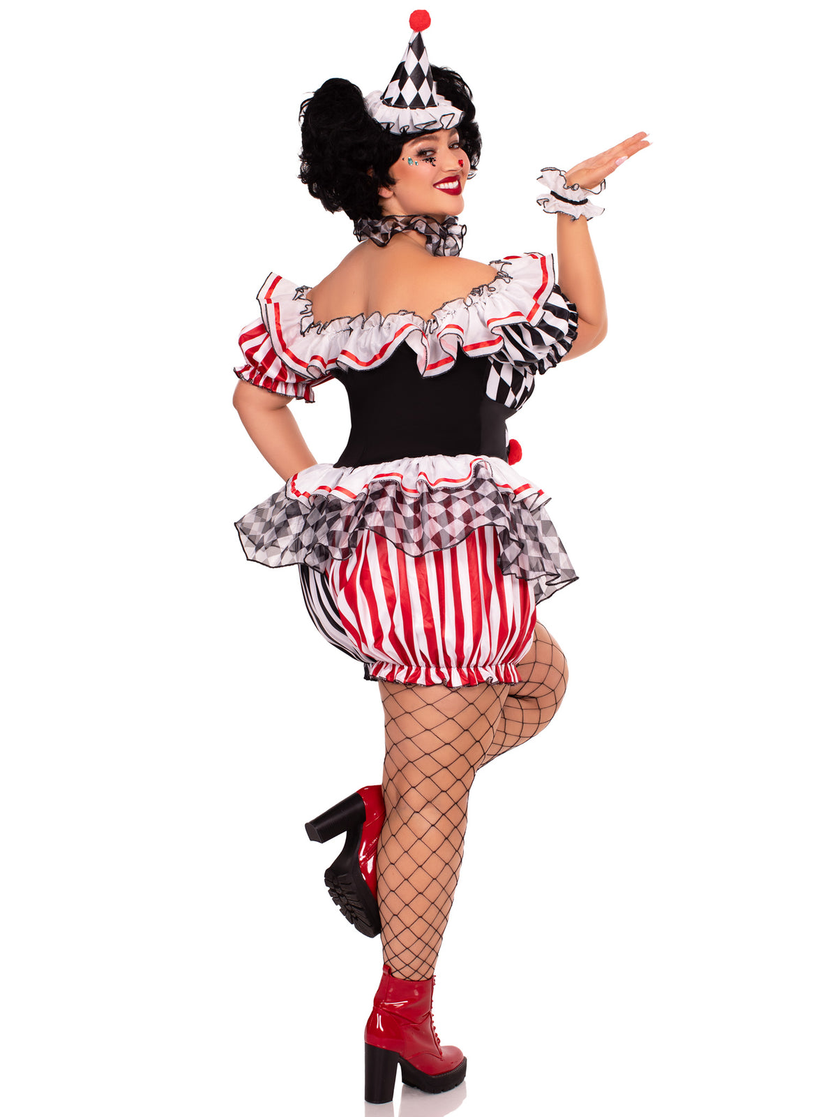 Plus Size 4 PC Darling Harlequin Costume, Includes Ruffle Trimmed Bloomer Romper with Pom-Pom Accents, Wrist Ruffles, Neck Ruffle, and Hat Headband