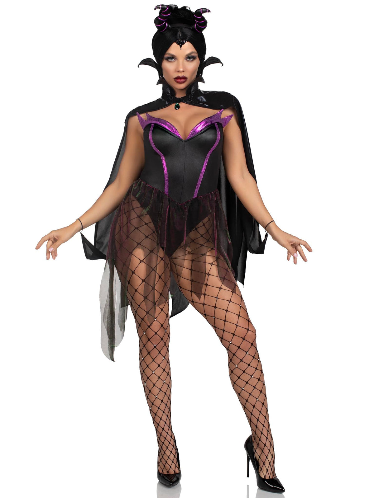 3 PC Evil Enchantress Costume, Includes Snap Crotch Bodysuit with Iridescent Skirt, Jeweled Flame Cape, and Horn Headband