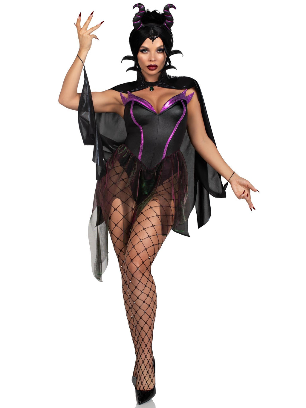 3 PC Evil Enchantress Costume, Includes Snap Crotch Bodysuit with Iridescent Skirt, Jeweled Flame Cape, and Horn Headband