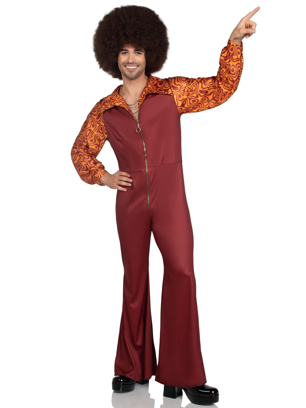Men's 1 PC Disco Leisure Suit Costume, Includes Zip-Up Bell Bottom Jumpsuit and Far-Out Pattern Accents