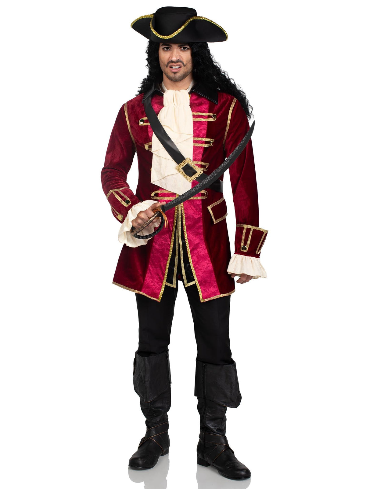 Men's 4 PC Pirate Captain Costume, Includes Gold Trimmed Velvet Coat, Jabot Neck Piece, Cross-Body Belt, and Pirate Hat