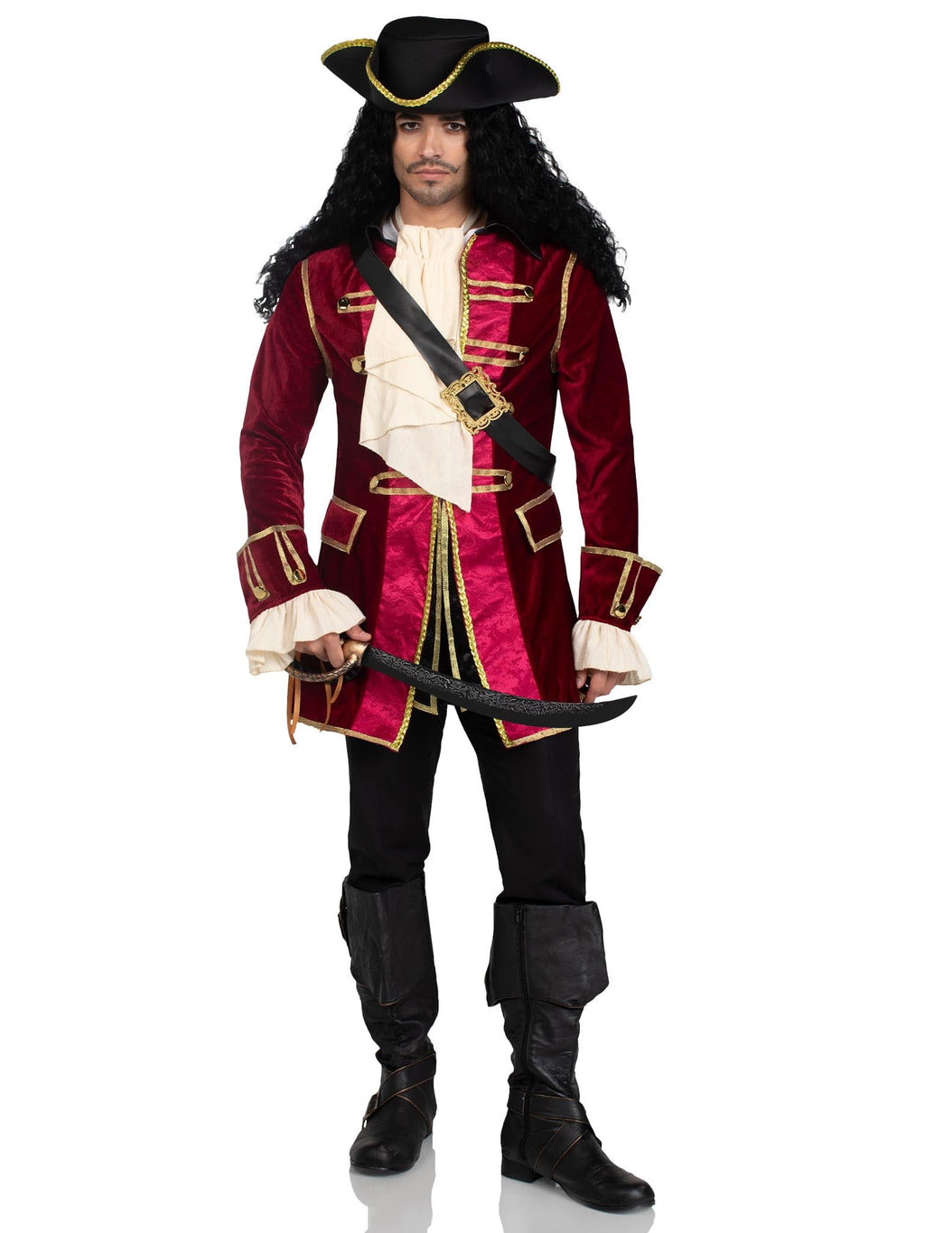 Men's 4 PC Pirate Captain Costume, Includes Gold Trimmed Velvet Coat, Jabot Neck Piece, Cross-Body Belt, and Pirate Hat