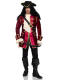 Men's 4 PC Pirate Captain Costume, Includes Gold Trimmed Velvet Coat, Jabot Neck Piece, Cross-Body Belt, and Pirate Hat