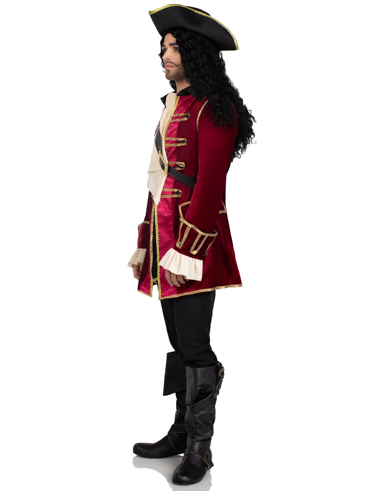 Men's 4 PC Pirate Captain Costume, Includes Gold Trimmed Velvet Coat, Jabot Neck Piece, Cross-Body Belt, and Pirate Hat