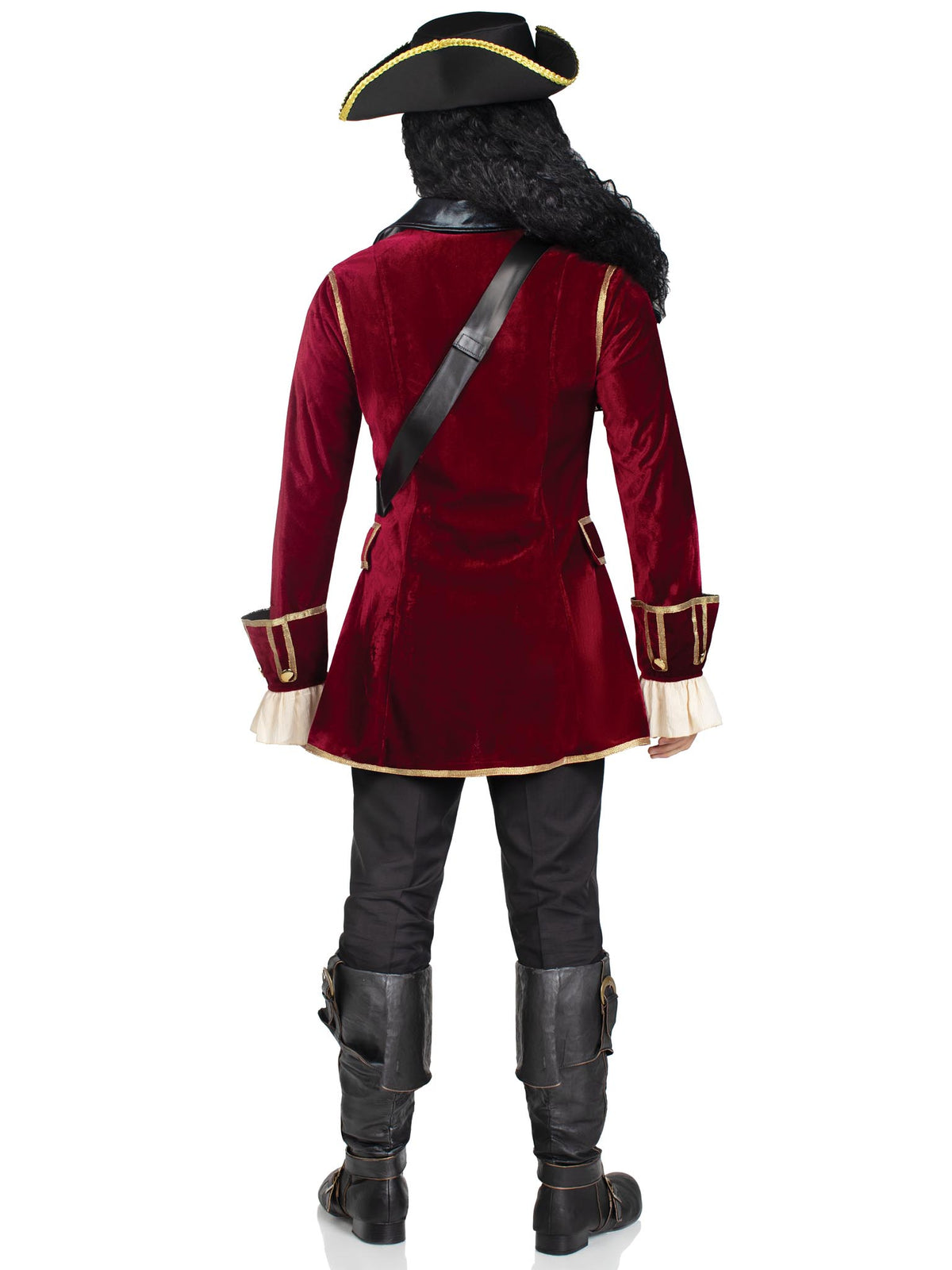 Men's 4 PC Pirate Captain Costume, Includes Gold Trimmed Velvet Coat, Jabot Neck Piece, Cross-Body Belt, and Pirate Hat