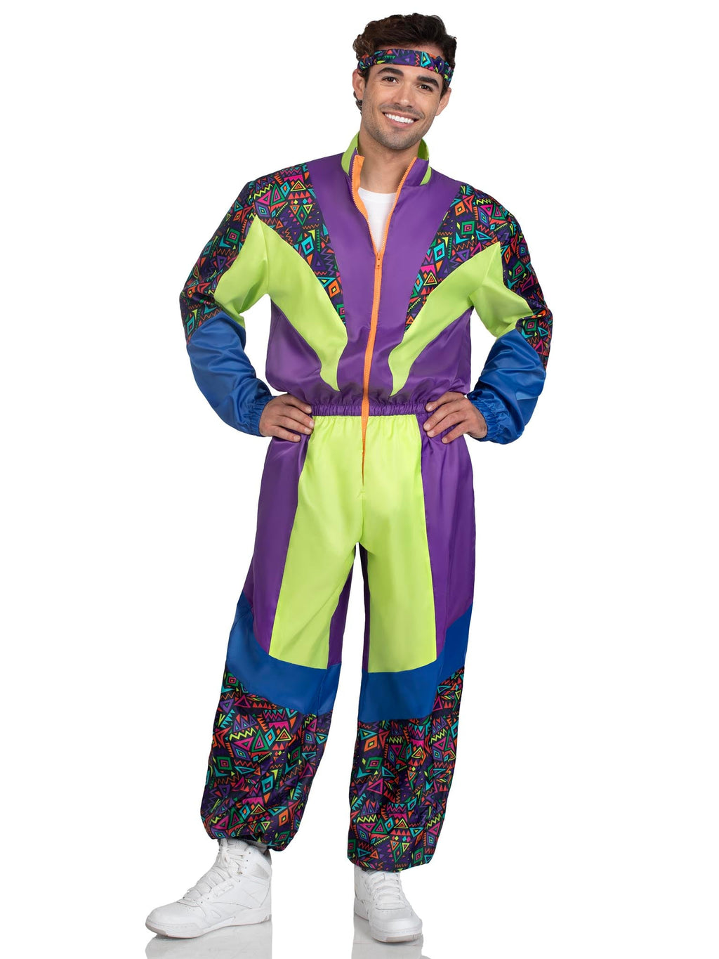 Men’s 2 PC Retro 80s Tracksuit Costume, Includes Zip-Up Tracksuit and Headband