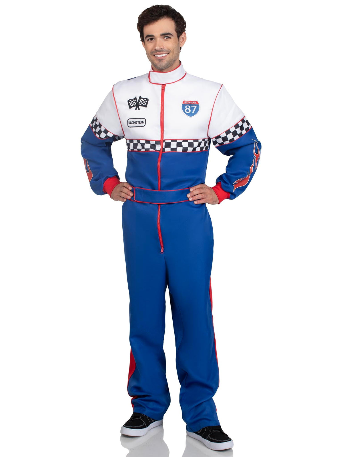 Men’s 1 PC Speedway Racer Costume, Includes Jumpsuit with Pockets, Two-Way Zipper, and Patch Accents