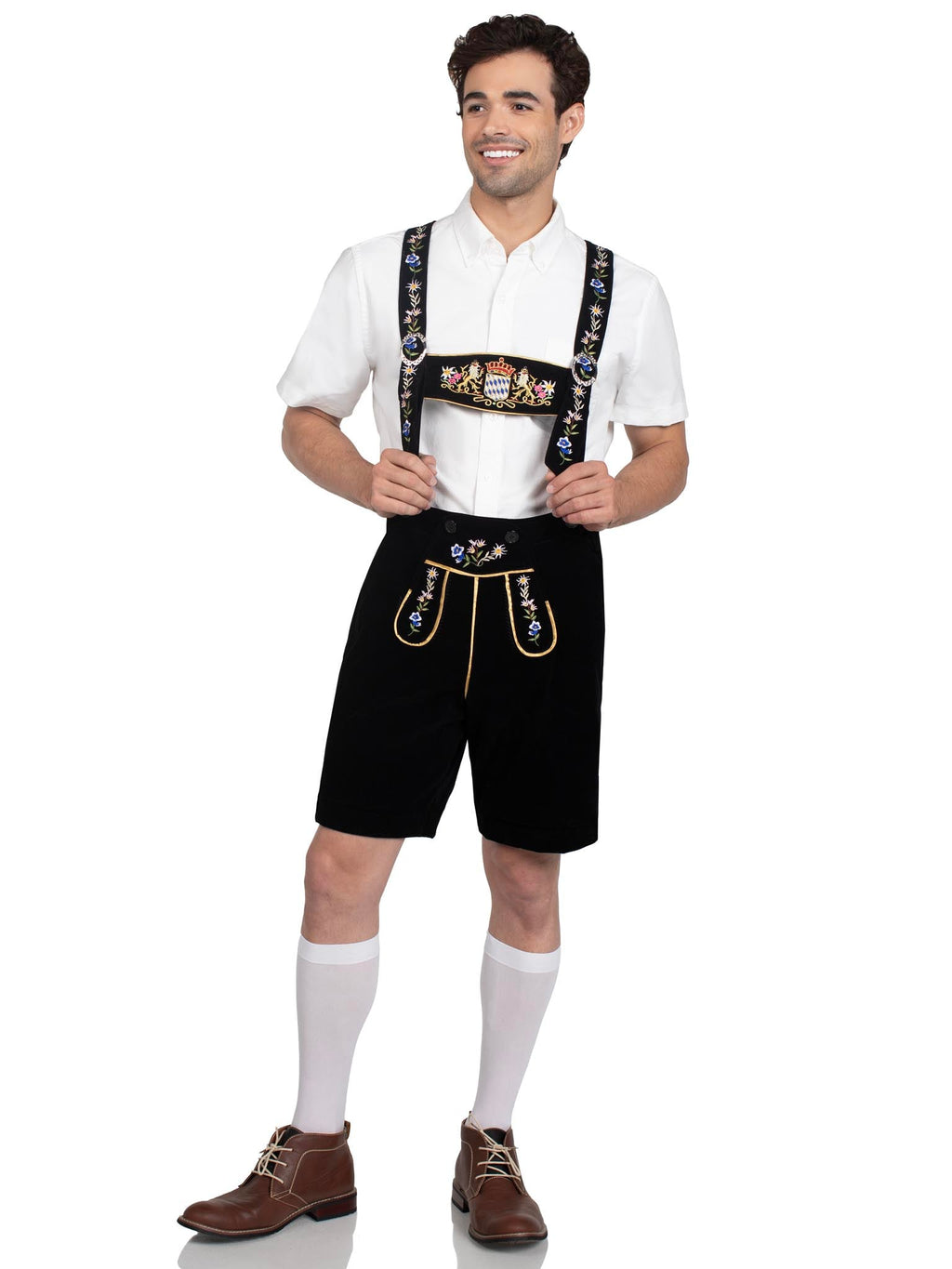 Men’s 1 PC Bavarian Lederhosen Costume, Includes Embroidered Stretch Velveteen Lederhosen with Pockets and Authentic Bib Suspenders