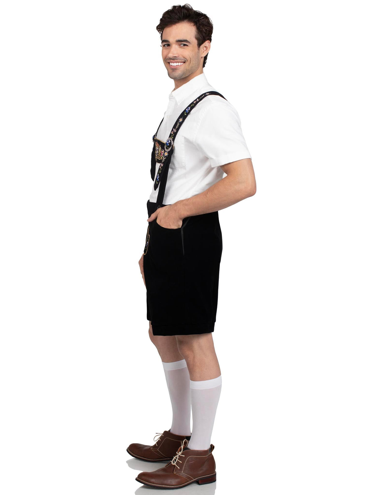 Men’s 1 PC Bavarian Lederhosen Costume, Includes Embroidered Stretch Velveteen Lederhosen with Pockets and Authentic Bib Suspenders