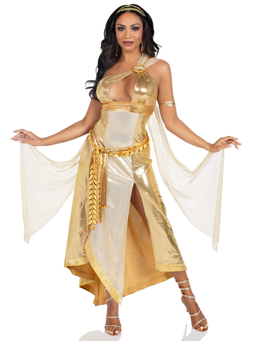 3 PC Golden Goddess Costume, Includes Asymmetrical Shimmer Dress with One-Shoulder Buckle Accent and Ribbon Trim, Attached Iridescent Draping with Finger Loop, Gold Leaf Sash, and Headband
