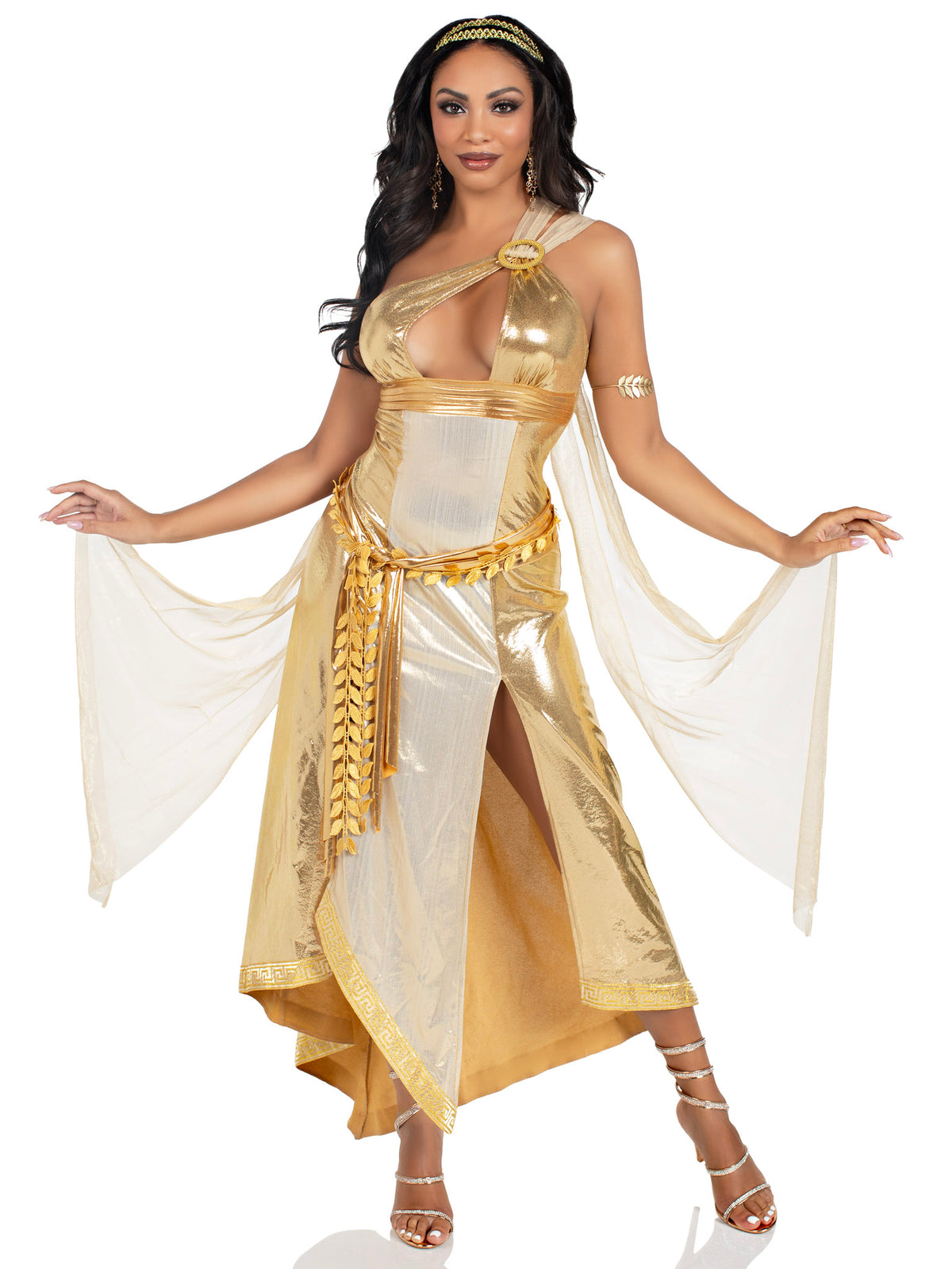 3 PC Golden Goddess Costume, Includes Asymmetrical Shimmer Dress with One-Shoulder Buckle Accent and Ribbon Trim, Attached Iridescent Draping with Finger Loop, Gold Leaf Sash, and Headband