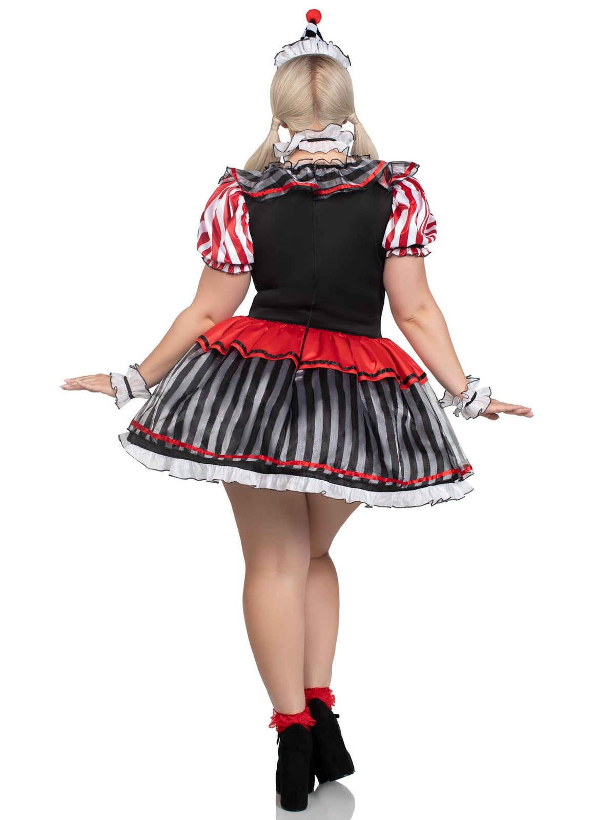 Plus Size 4 PC Darling Harlequin Costume, Includes Ruffle Trimmed Dress with Pom-Pom Accents, Wrist Ruffles, Neck Ruffle, and Hat Headband
