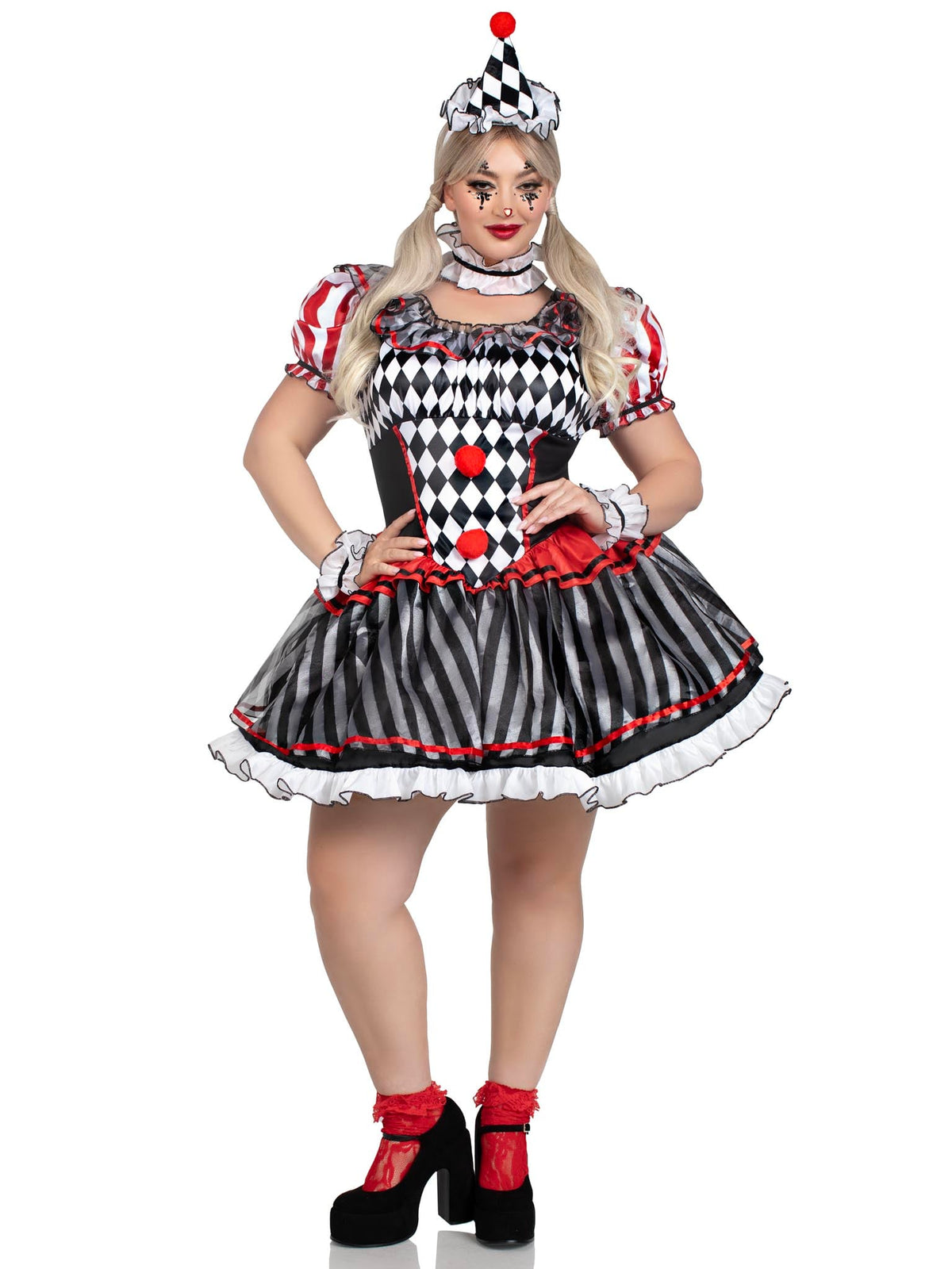 Plus Size 4 PC Darling Harlequin Costume, Includes Ruffle Trimmed Dress with Pom-Pom Accents, Wrist Ruffles, Neck Ruffle, and Hat Headband