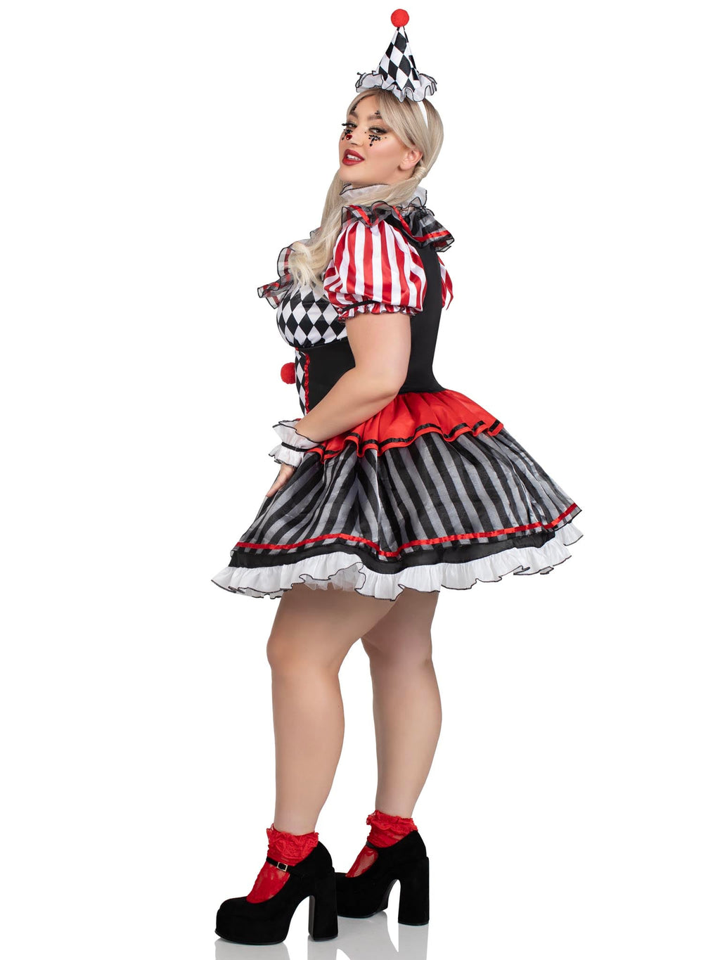 Plus Size 4 PC Darling Harlequin Costume, Includes Ruffle Trimmed Dress with Pom-Pom Accents, Wrist Ruffles, Neck Ruffle, and Hat Headband